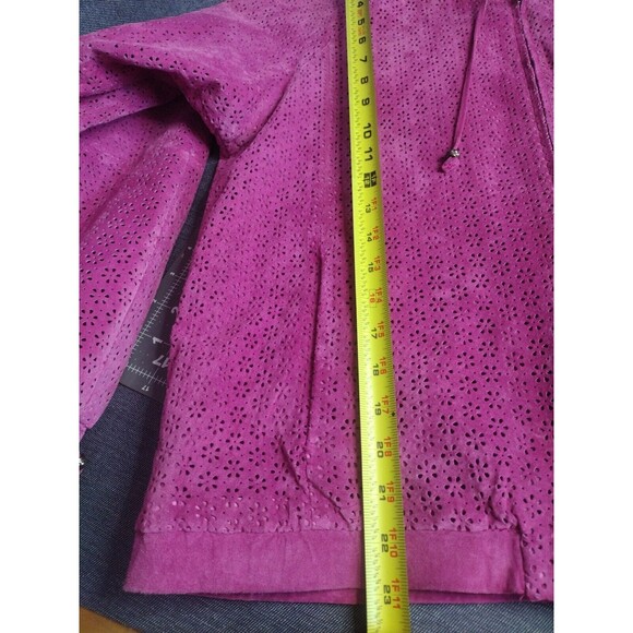 Margaret Godfrey Women's 80's Vintage Pink Eyelet Suede Zipper Hoodie Jacket L - Picture 7 of 8